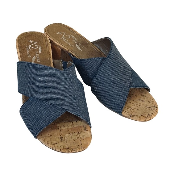 Aerosoles A2 Heelrest Blue Denim Crisscross Cork Block Heel Slide Sandal Sz 8.5 - Picture 1 of 12